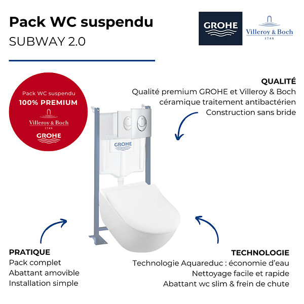 VILLEROY ET BOCH - Pack wc suspendu sans bride  Subway 2.0 + abattant + plaque chromée + bâti Grohe - large