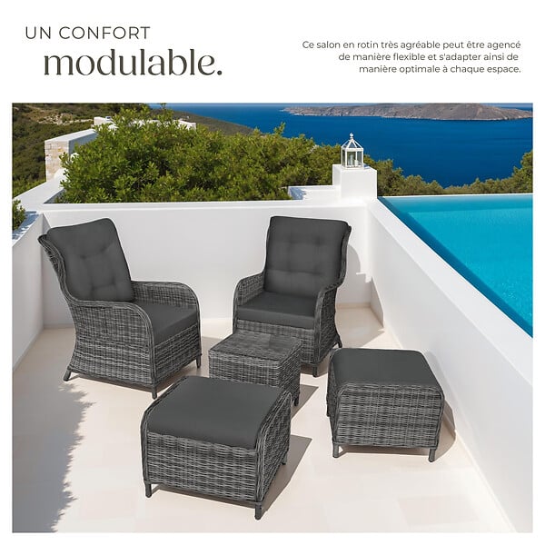 TECTAKE - Ensemble de salon en rotin et aluminium Benissa 2+2 gris tacheté/gris - large