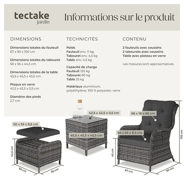 TECTAKE - Ensemble de salon en rotin et aluminium Benissa 2+2 gris tacheté/gris - large