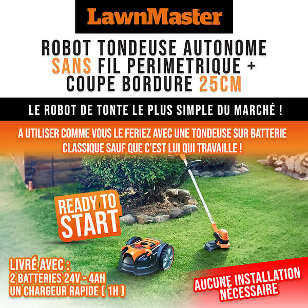 LAWNMASTER - Robot tondeuse autonome 24V sans fil périmétrique - Le robot le plus simple du marché + Coupe bordures 24v et 2 batteries. - large