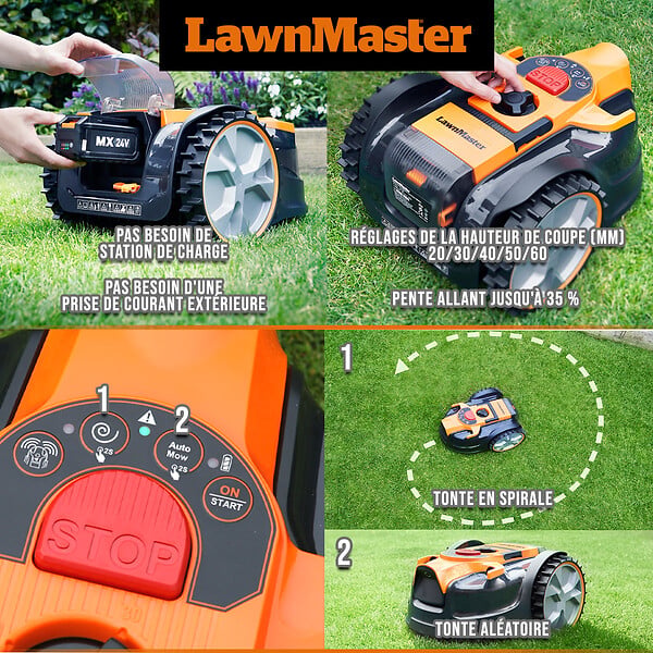 LAWNMASTER - Robot tondeuse autonome 24V sans fil périmétrique - Le robot le plus simple du marché + Coupe bordures 24v et 2 batteries. - large