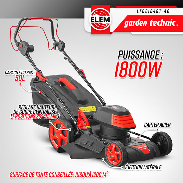 ELEM GARDEN TECHNIC - Tondeuse à  gazon électrique tractée 1800W - 46CM avec carter en acier - large