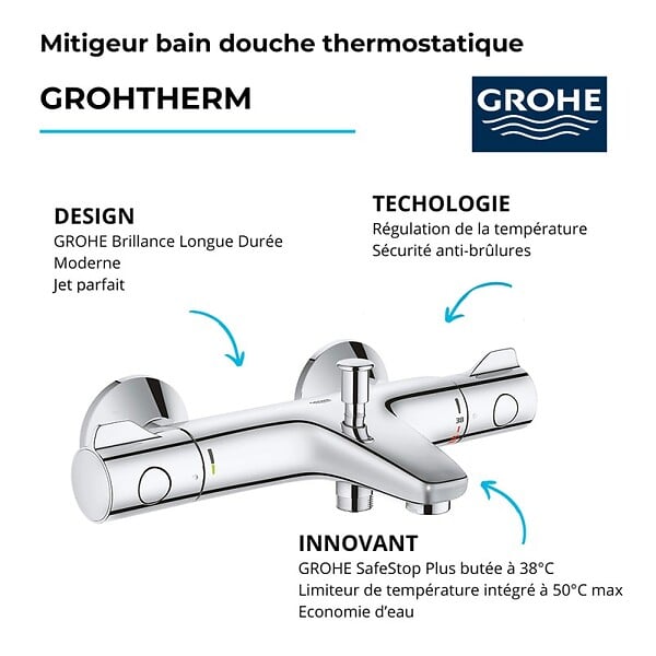 GROHE - Robinet bain thermostatique Grohtherm 800 avec ensemble de douche 2 jets et colonnettes - large