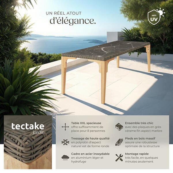 TECTAKE - Table en rotin Foggia 196x87x76cm marron naturel - large