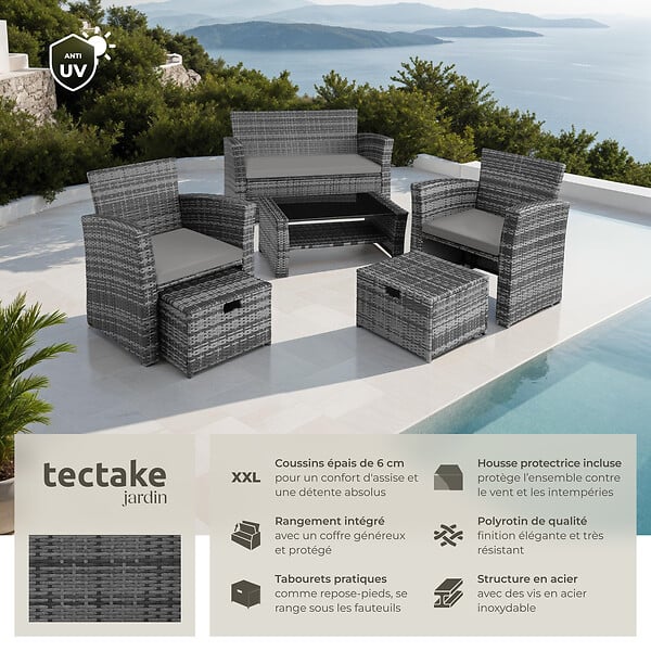 TECTAKE - Salon de jardin 6 places en résine tressée gris design contemporain lignes épurées coussins déperlants housse protection - large