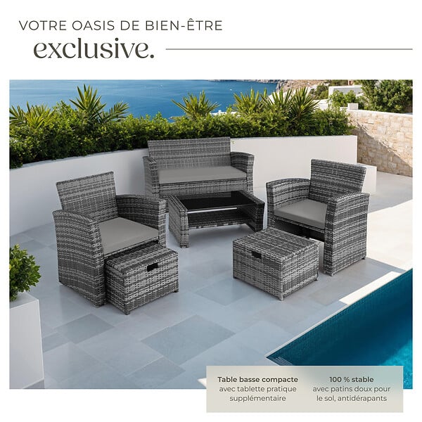 TECTAKE - Salon de jardin 6 places en résine tressée gris design contemporain lignes épurées coussins déperlants housse protection - large