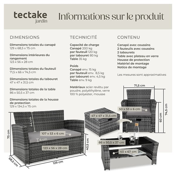 TECTAKE - Salon de jardin 6 places en résine tressée gris design contemporain lignes épurées coussins déperlants housse protection - large
