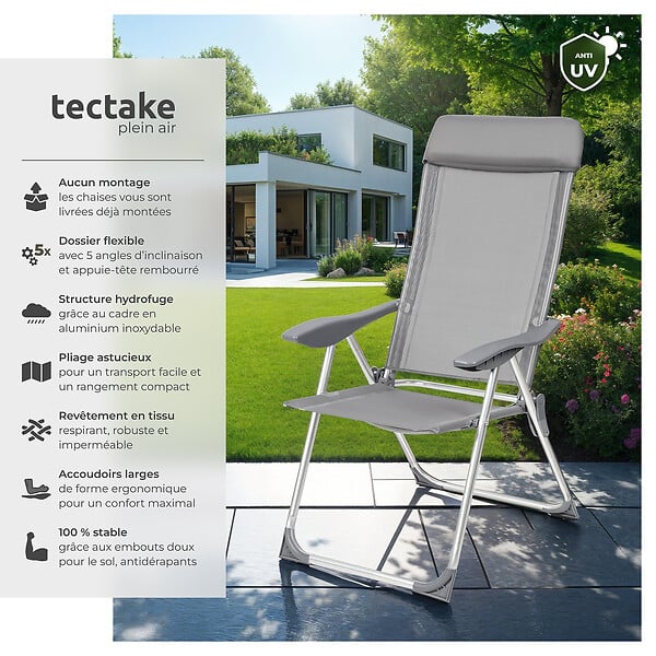 TECTAKE - Lot de 4 chaises de jardin pliantes en aluminium structure revêtue dossier haut inclinable 5 positions gris 73 x 59 x 110 cm - large