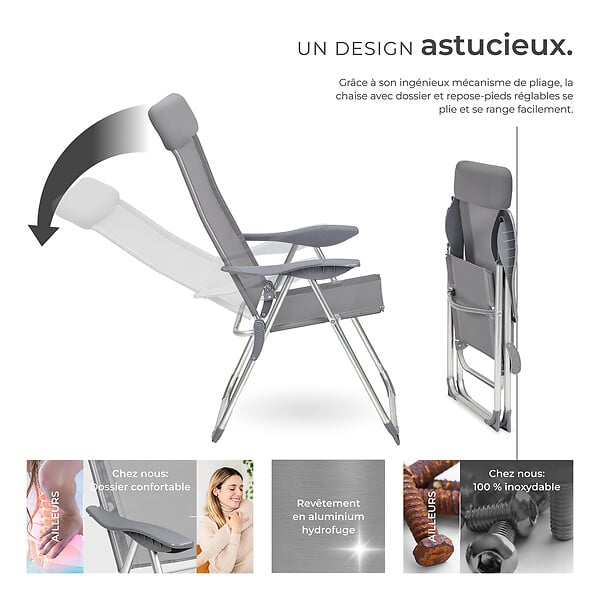 TECTAKE - Lot de 4 chaises de jardin pliantes en aluminium structure revêtue dossier haut inclinable 5 positions gris 73 x 59 x 110 cm - large