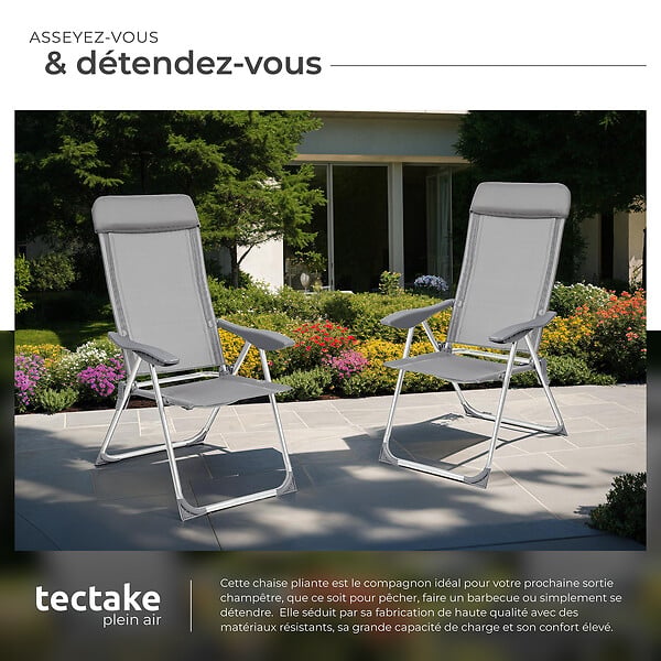 TECTAKE - Lot de 4 chaises de jardin pliantes en aluminium structure revêtue dossier haut inclinable 5 positions gris 73 x 59 x 110 cm - large