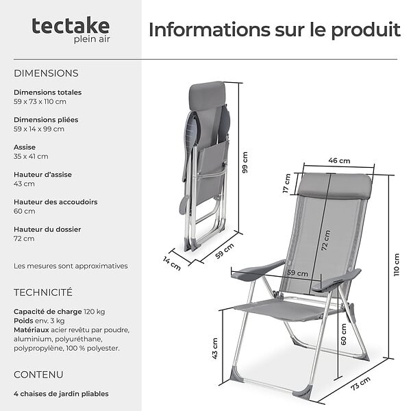 TECTAKE - Lot de 4 chaises de jardin pliantes en aluminium structure revêtue dossier haut inclinable 5 positions gris 73 x 59 x 110 cm - large