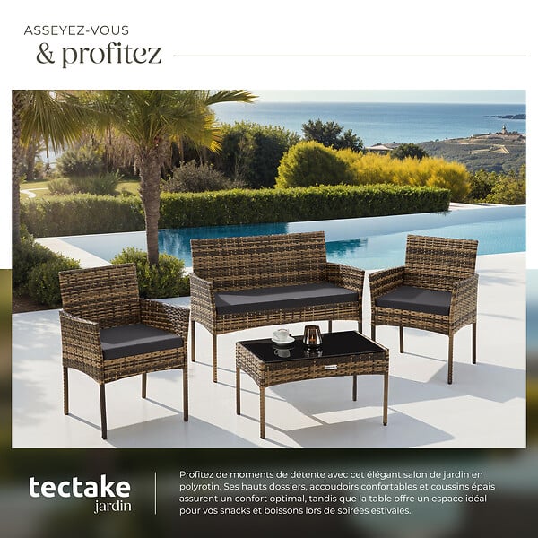 TECTAKE - Salon de jardin en résine tressée PALESE marron naturel - large