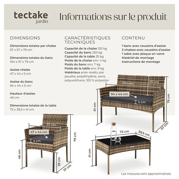 TECTAKE - Salon de jardin en résine tressée PALESE marron naturel - large