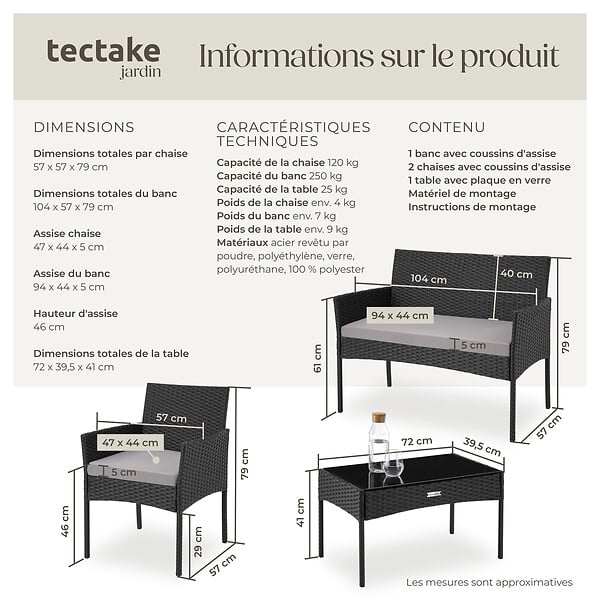 TECTAKE - Salon de jardin en résine tressée PALESE noir - large