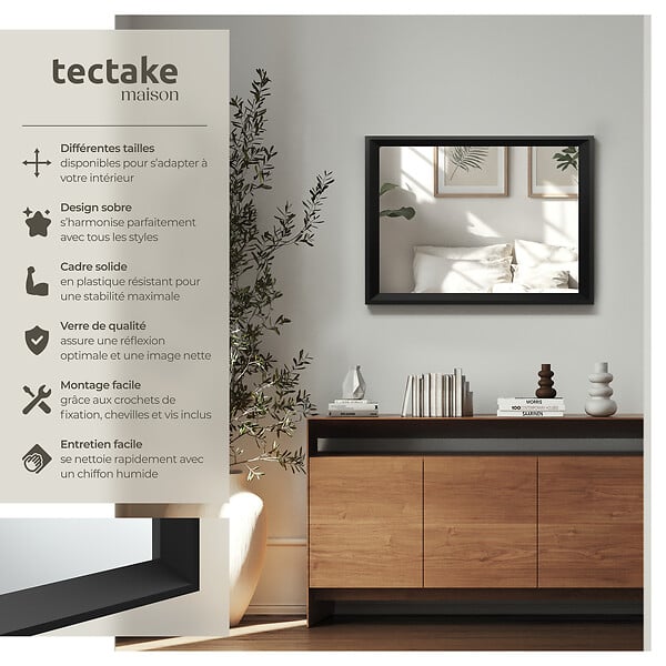 TECTAKE - Miroir mural rectangulaire ELINA avec cadre en plastique noir - large