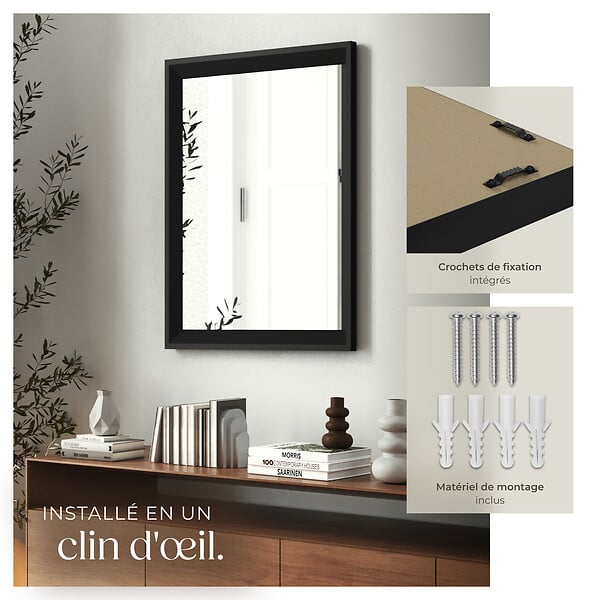 TECTAKE - Miroir mural rectangulaire ELINA avec cadre en plastique noir - large