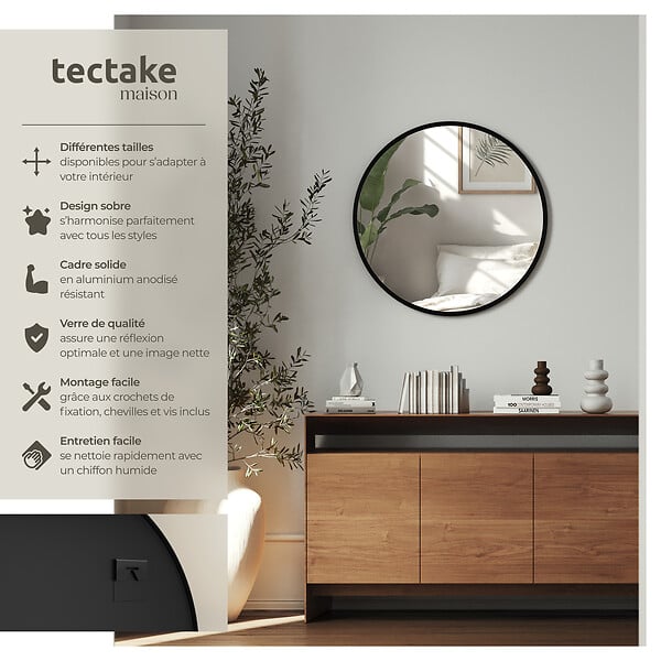 TECTAKE - Miroir mural rond FIONA avec cadre en aluminium noir - large