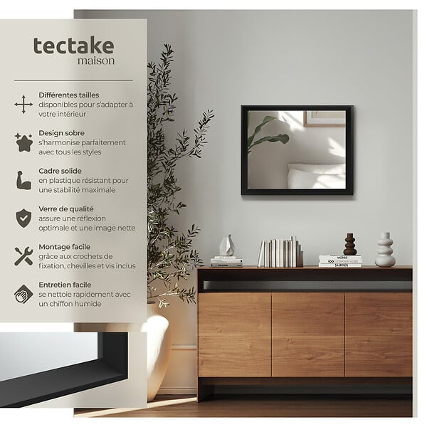 TECTAKE - Miroir mural rectangulaire ELINA avec cadre en plastique noir - large