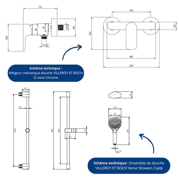VILLEROY ET BOCH - Mitigeur mécanique douche  O.novo Chrome + Ensemble de douche  Verve Showers 3 jets Chrome - large