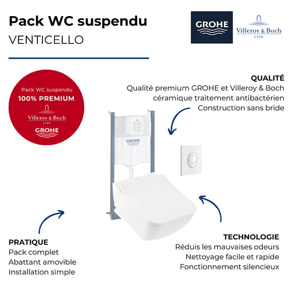 VILLEROY ET BOCH - Pack WC suspendu sans bride  Venticello + abattant + plaque blanche + bâti Grohe - large