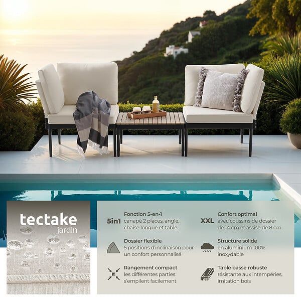 TECTAKE - Ensemble de salon de jardin Magaluf, fonction 5 en 1, structure en aluminium anthracite/gris - large