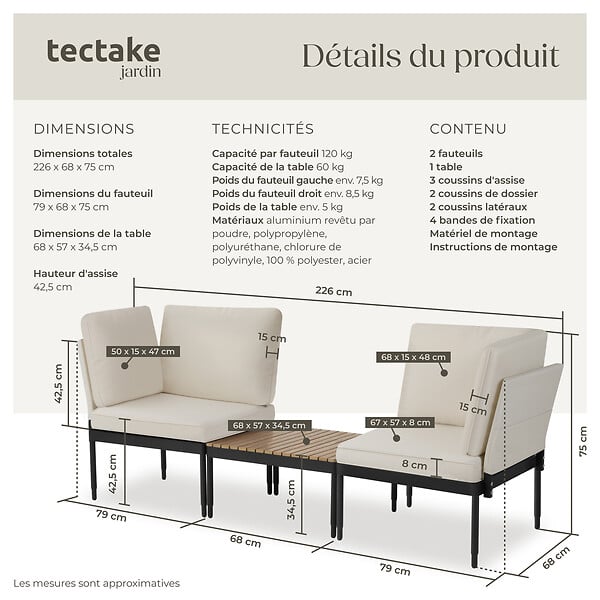 TECTAKE - Ensemble de salon de jardin Magaluf, fonction 5 en 1, structure en aluminium anthracite/gris - large