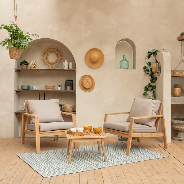 HAPPY GARDEN - Salon de jardin en acacia 2 places GILI - coussins sable - large