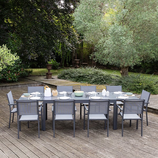 HAPPY GARDEN - Salon de jardin extensible 10 places de 180/300cm en textilène gris - aluminium anthracite VENEZIA - large