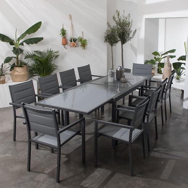 HAPPY GARDEN - Salon de jardin LAMPEDUSA extensible en textilène gris 10 places - aluminium anthracite - large