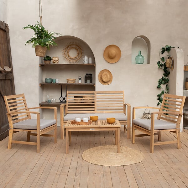 HAPPY GARDEN - Salon de jardin en acacia 4 places GOA - coussins sable - large
