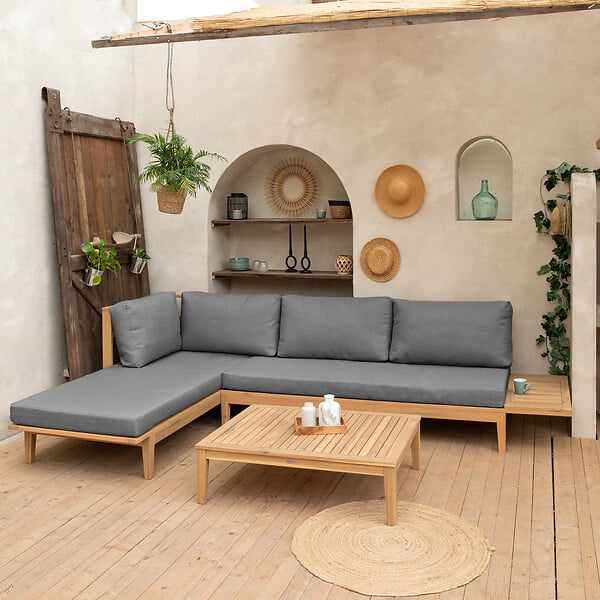 HAPPY GARDEN - Salon de jardin en acacia 4 places PANGKOR - coussins gris - large