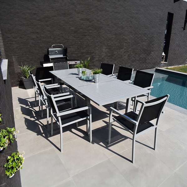 HAPPY GARDEN - Salon de jardin CAPRI extensible en textilène noir 8 places - aluminium gris - large