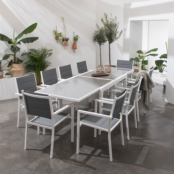 HAPPY GARDEN - Salon de jardin LAMPEDUSA extensible en textilène gris 10 places - aluminium blanc - large