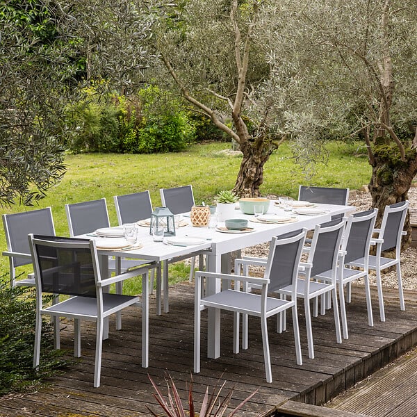 HAPPY GARDEN - Salon de jardin extensible 10 places de 180/300cm en textilène gris - aluminium blanc VENEZIA - large
