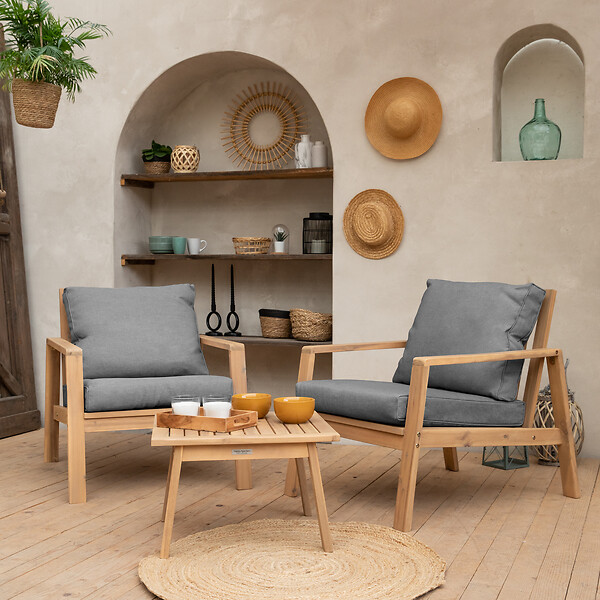 HAPPY GARDEN - Salon de jardin en acacia 2 places GILI - coussins gris - large