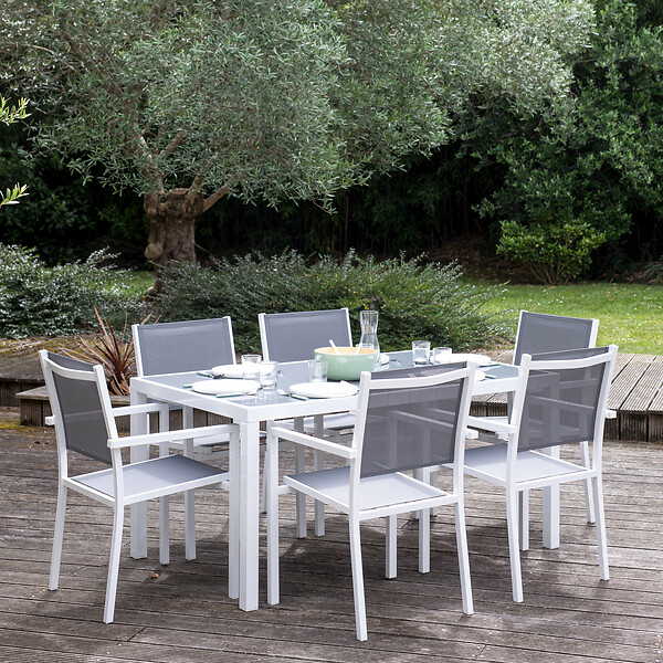 HAPPY GARDEN - Salon de jardin BERGAMO en textilène gris 6 places - aluminium blanc - large
