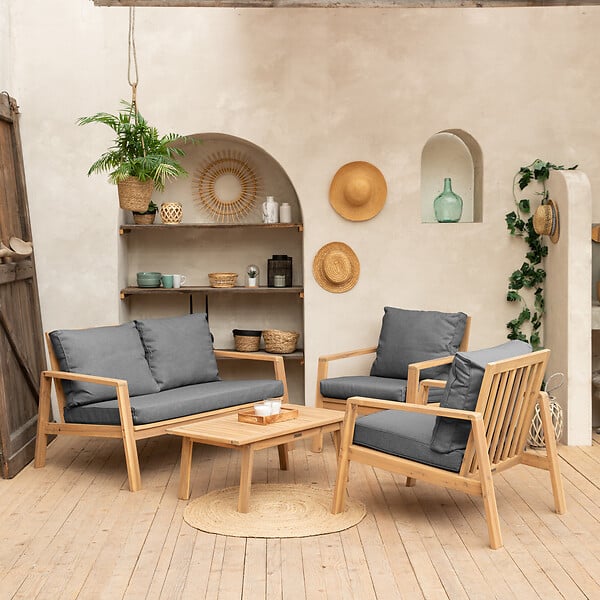 HAPPY GARDEN - Salon de jardin en acacia 4 places GILI - coussins gris - large