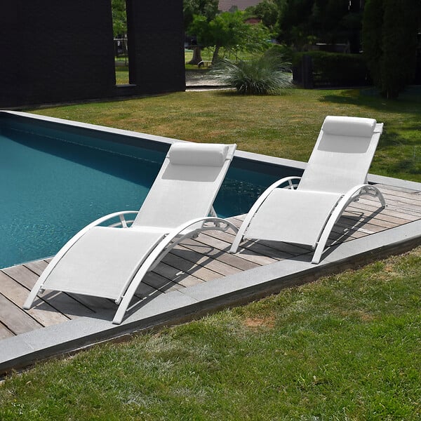 HAPPY GARDEN - Lot de 2 transats GALAPAGOS en textilène blanc - aluminium blanc - large