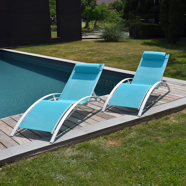 HAPPY GARDEN - Lot de 2 transats GALAPAGOS en textilène bleu - aluminium blanc - large