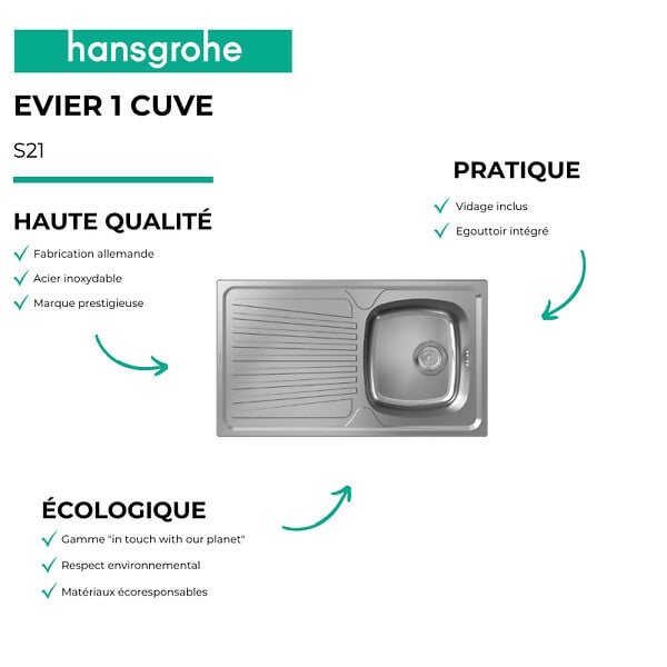 HANSGROHE - Evier 1 bac S21 inox + robinet de cuisine Vernis Blend M35 210 chromé - large