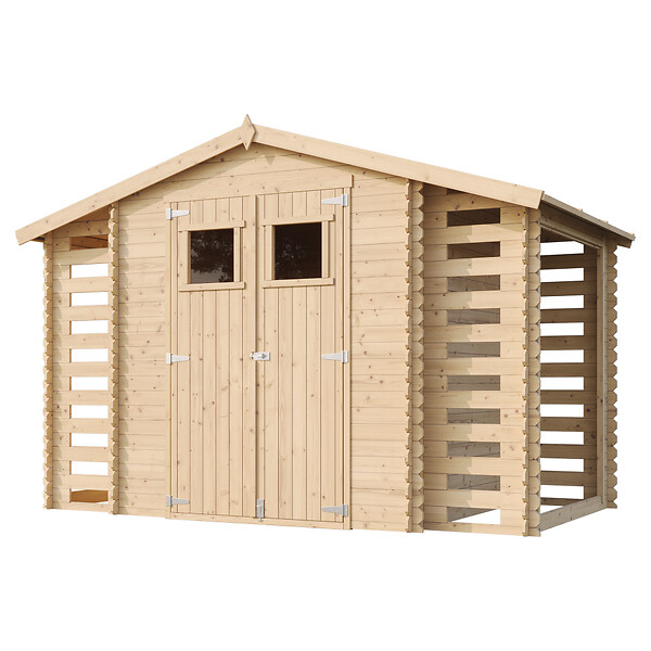 TIMBELA - Abri de jardin en bois et range bûches AVEC SOL TRAITÉ I206xL328xH218 cm/ 5,41 m2 - M391+M391G - large