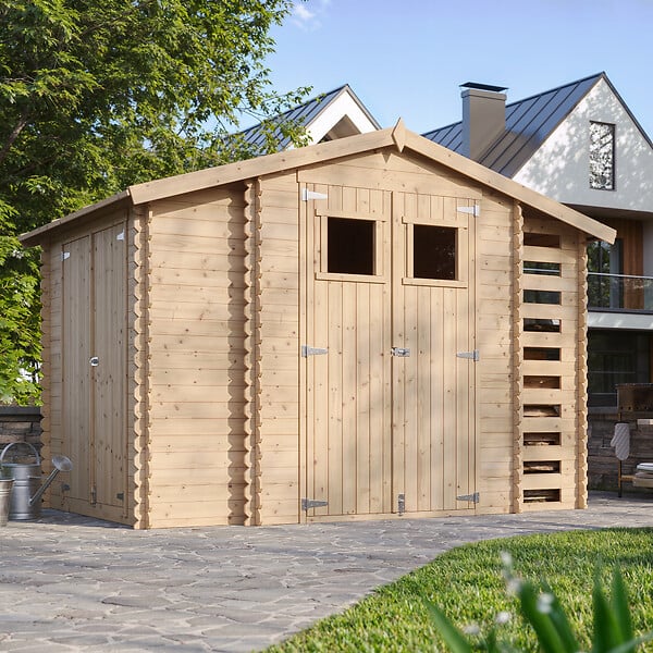 TIMBELA - Abri de jardin en bois et range bûches AVEC SOL TRAITÉ I206xL328xH218 cm/ 5,41 m2 - M389+M389G - large