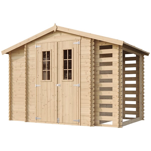 TIMBELA - Abri de jardin en bois et range bûches extérieur AVEC SOL TRAITÉ - extérieur I206xL328xH218 cm/ 3,53 + 0,97+0,97 m2 - M389C+M389G - large