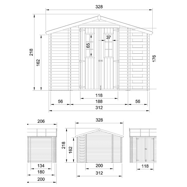 TIMBELA - Abri de jardin en bois et range bûches extérieur AVEC SOL TRAITÉ - extérieur I206xL328xH218 cm/ 3,53 + 0,97+0,97 m2 - M389C+M389G - large