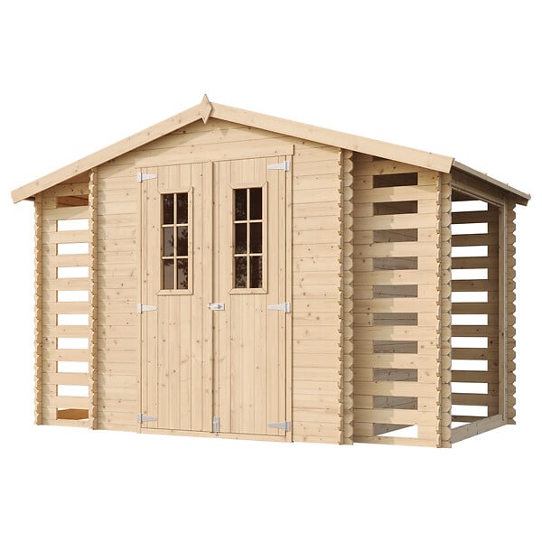 TIMBELA - Abri de jardin en bois et range bûches extérieur - Stockage extérieur I206xL328xH218 cm/ 3,53 + 0,97+0,97 m2 - M391C - large
