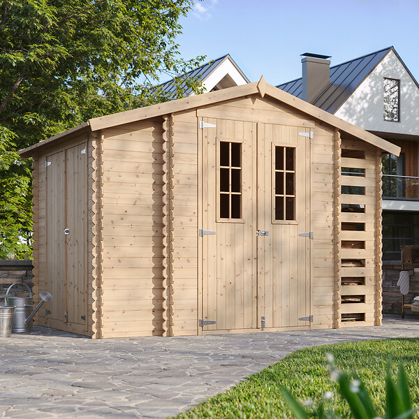 TIMBELA - Abri de jardin en bois et range bûches extérieur - Stockage extérieur I206xL328xH218 cm/ 3,53 + 0,97+0,97 m2 - M389C - large
