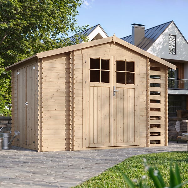 TIMBELA - Abri de jardin en bois et range bûches extérieur AVEC SOL TRAITÉ - extérieur I206xL328xH218 cm/ 3,53 + 0,97+0,97 m2 -  TIMBELA M389F+M389G - large