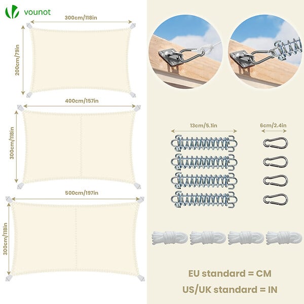 VOUNOT - Voile d'ombrage Rectangulaire en Polyester Imperméable avec Kit de Montage 3x2m Beige - large