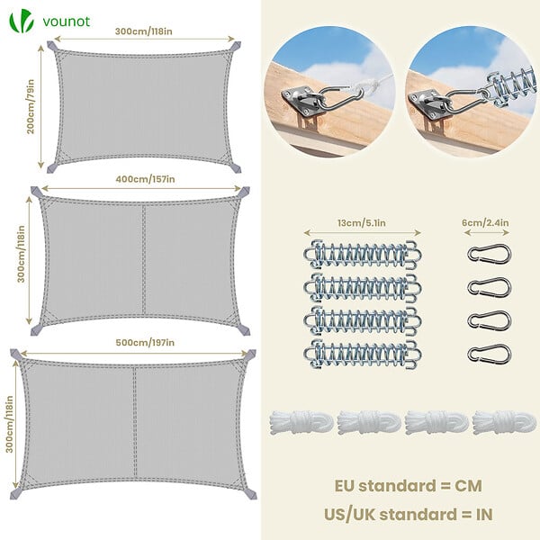 VOUNOT - Voile d'ombrage Rectangulaire en Polyester Imperméable avec Kit de Montage 3x4m Gris Clair - large