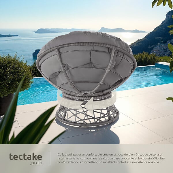 TECTAKE - Fauteuil papasan en rotin Gargano rotatif gris - large
